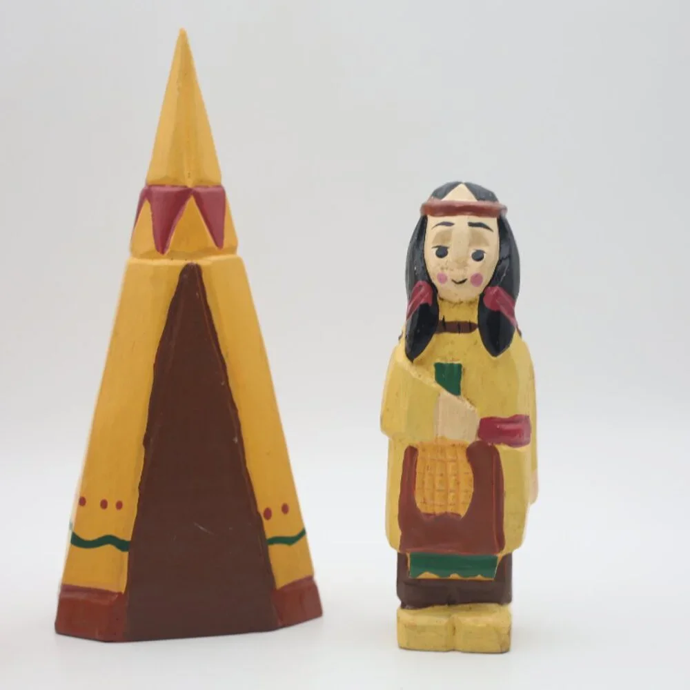 Vintage 1970s Hand Carved Hand Painted Indian Man, Woman & Teepee